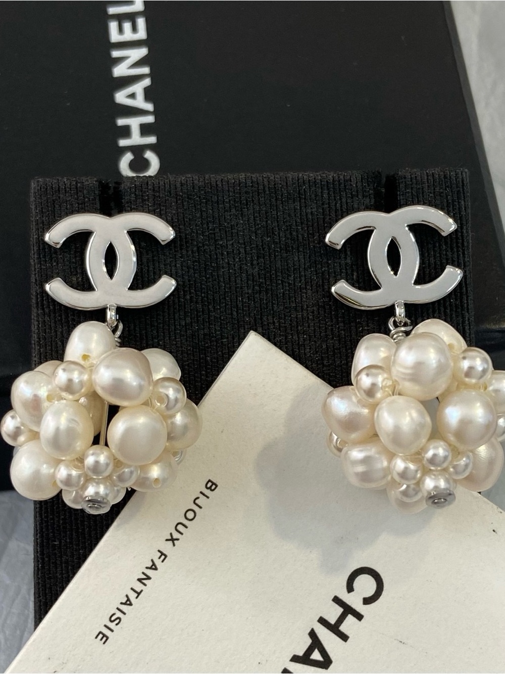 CHANEL Silver CC Logo Earrings with Ivory Pearl Cluster Drops